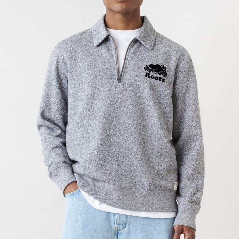 Roots Zip Polo Sweatshirt SIZE S Gray Salt Pepper Fleece Pullover Long Sleeve